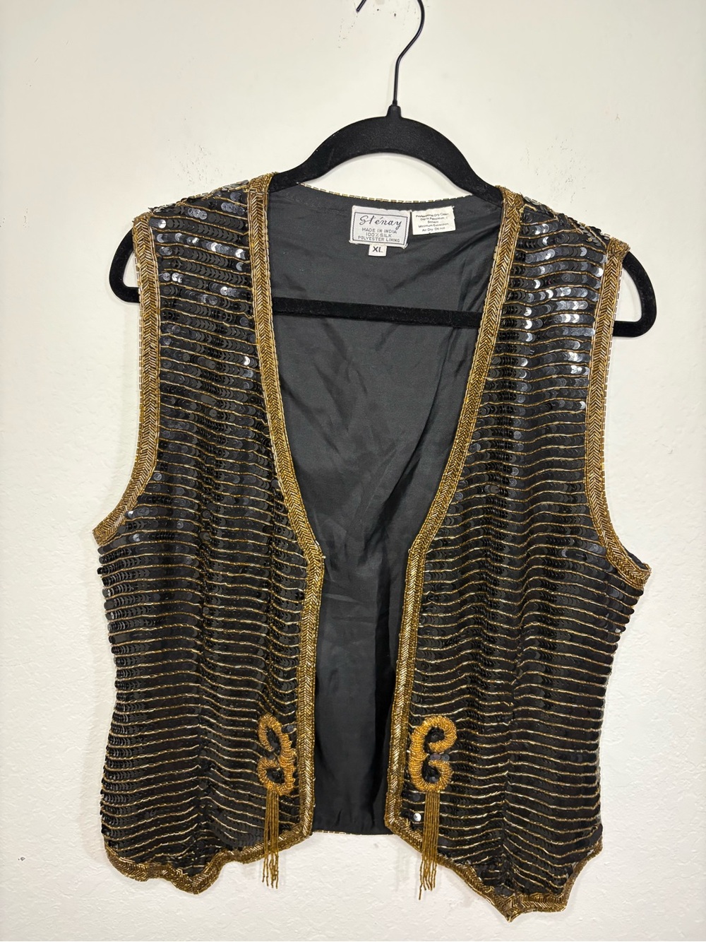 Vintage Stenay Black Sequin Beaded 100% Silk Vest with Gold Trim size XL - Picture 11 of 12